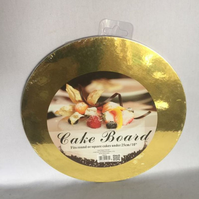 Round gold cake boards, 25cm, packed in sets of 20, ideal for elevating cake presentation for any occasion.