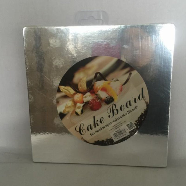 Square silver cake boards, 20cm, 30 pieces; perfect for elegant cake displays at events and celebrations.
