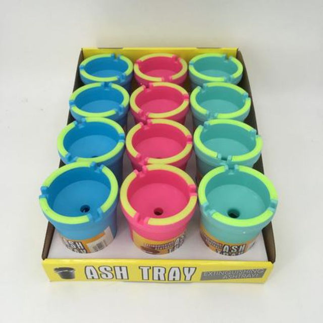 Vibrant set of 12 assorted color ash trays, perfect for stylish indoor and outdoor use, enhancing any space's aesthetic.
