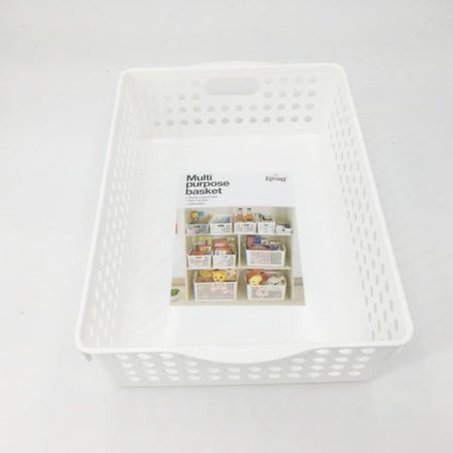 Set of 12 versatile white plastic baskets (21 x 30 x 8cm) for organized storage in any room of the house.