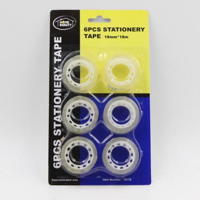 Clear stationery tape pack of 6 rolls, each 18mm x 18m, ideal for crafting, gifting, and office organization.