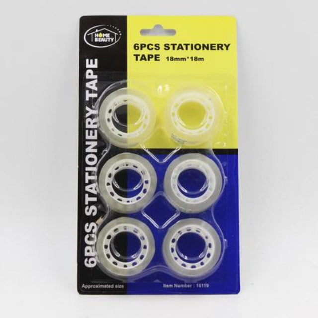 Clear stationery tape pack of 6 rolls, each 18mm x 18m, ideal for crafting, gifting, and office organization.