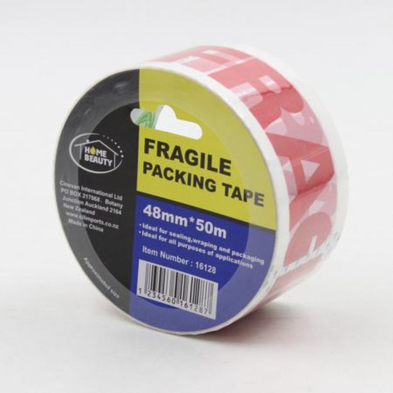 Set of 6 fragile packing tape rolls, 48mm wide and 50m long, ensuring safe transport for delicate items.
