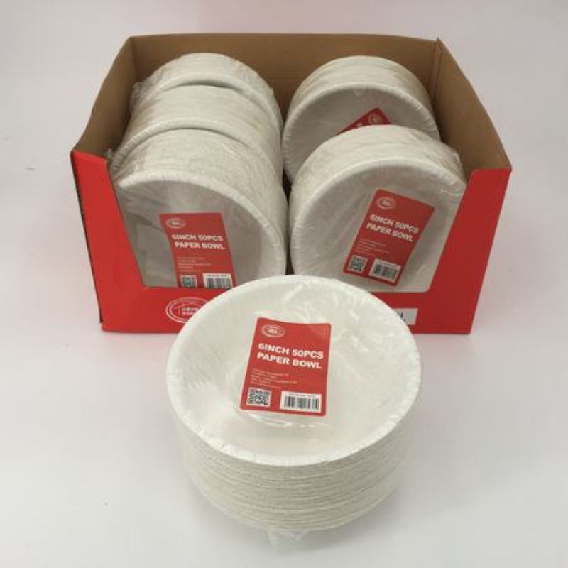 White 6" disposable paper bowls, 300 pcs total; sturdy, leak-resistant, perfect for any meal or event.