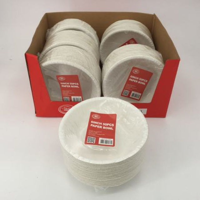 White 6" disposable paper bowls, 300 pcs total; sturdy, leak-resistant, perfect for any meal or event.