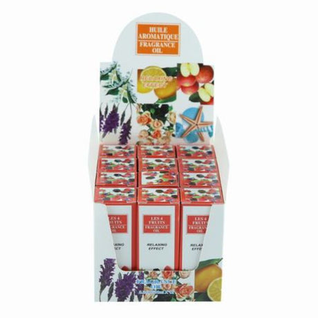 Set of 12 fruit-scented essential oils for aromatherapy, candle making, and DIY projects, featuring vibrant scents like peach and strawberry.