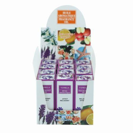 Set of 12 vanilla essential and fragrance oils for aromatherapy, candles, and skincare, promoting relaxation and tranquility.