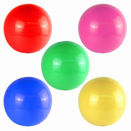 Colorful set of 12 durable 60cm yoga balls for fitness, yoga, and Pilates, promoting strength and balance.