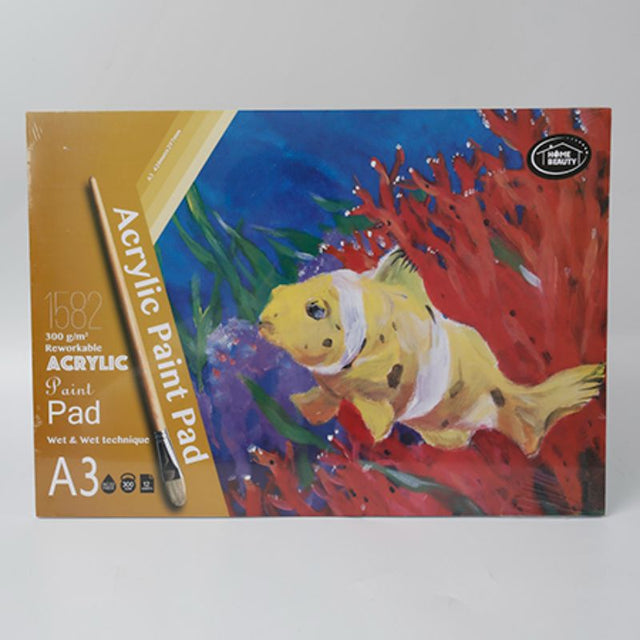 A3 acrylic paint pad with 12 thick, acid-free sheets for vibrant colors and durability, perfect for all painting techniques.