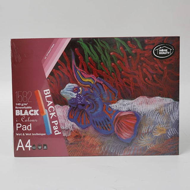Set of 12 A4 black pads with 20 durable 140g sheets, perfect for writing and drawing with various pens and markers.