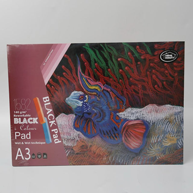 A set of 12 A3 black pads, each with 20 sheets of 140g premium black paper for sketching and drawing.