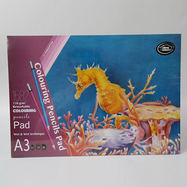 A3 coloring pencils pad with 40 sheets of 110g paper, includes 12 vibrant pencils for creative art projects.