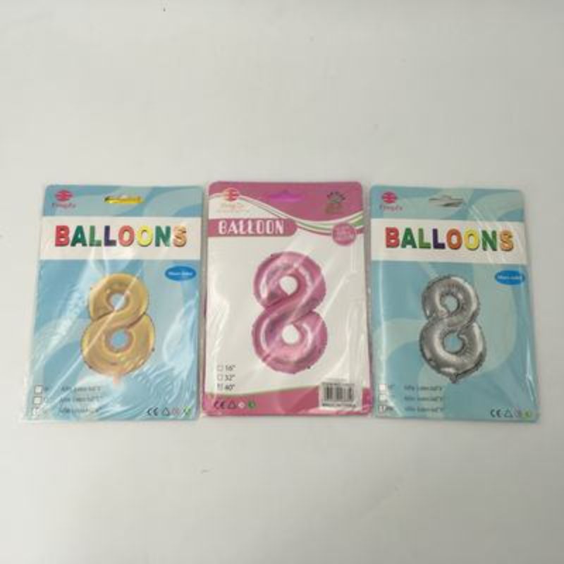 Vibrant assorted number 8 balloons, 102cm each, perfect for celebrations and memorable decorations in various colors.
