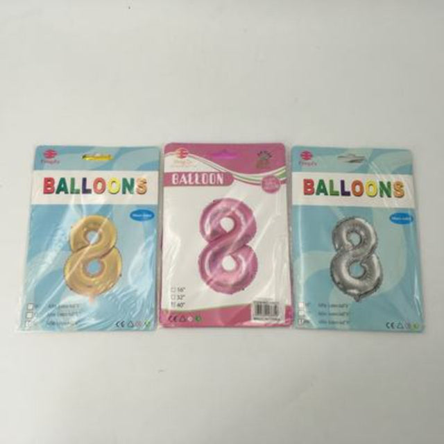 Vibrant assorted number 8 balloons, 102cm each, perfect for celebrations and memorable decorations in various colors.