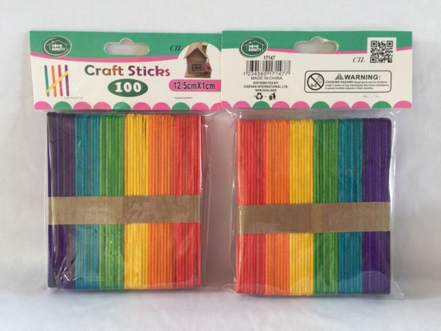 Vibrant Colour Craft Sticks, 12.5 x 1 cm, perfect for DIY projects, available in 12 packs with 100 pieces each.