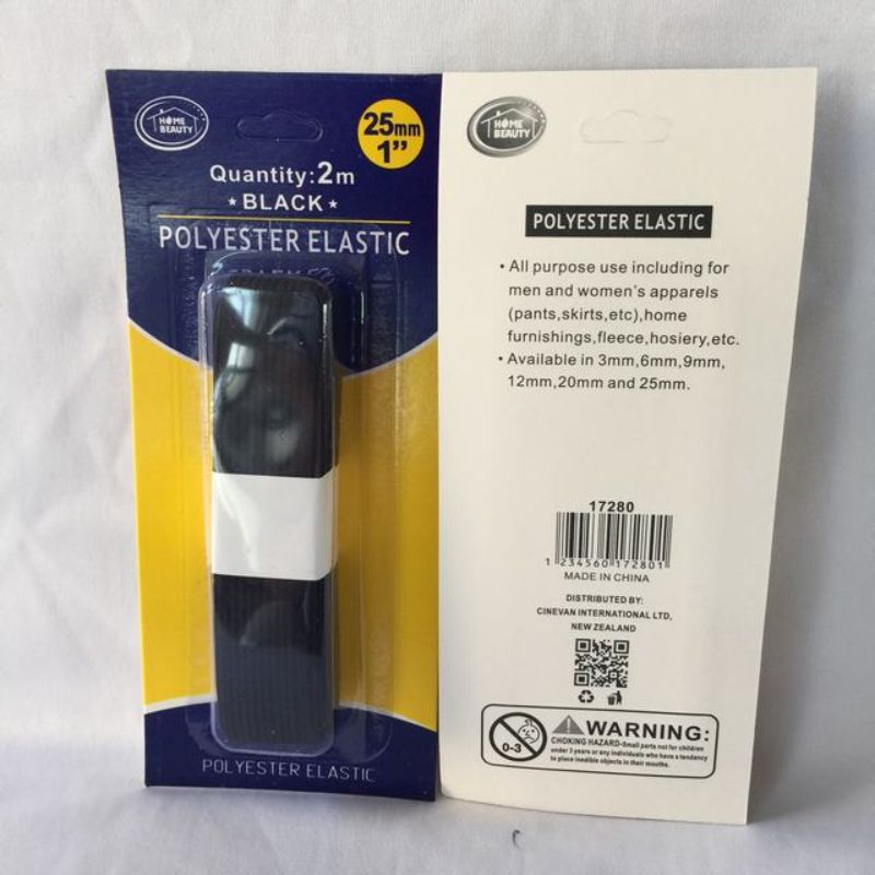 Elastic Polyester in black, 25mm wide and 2m long, ideal for crafting and DIY projects in 12 convenient packs.