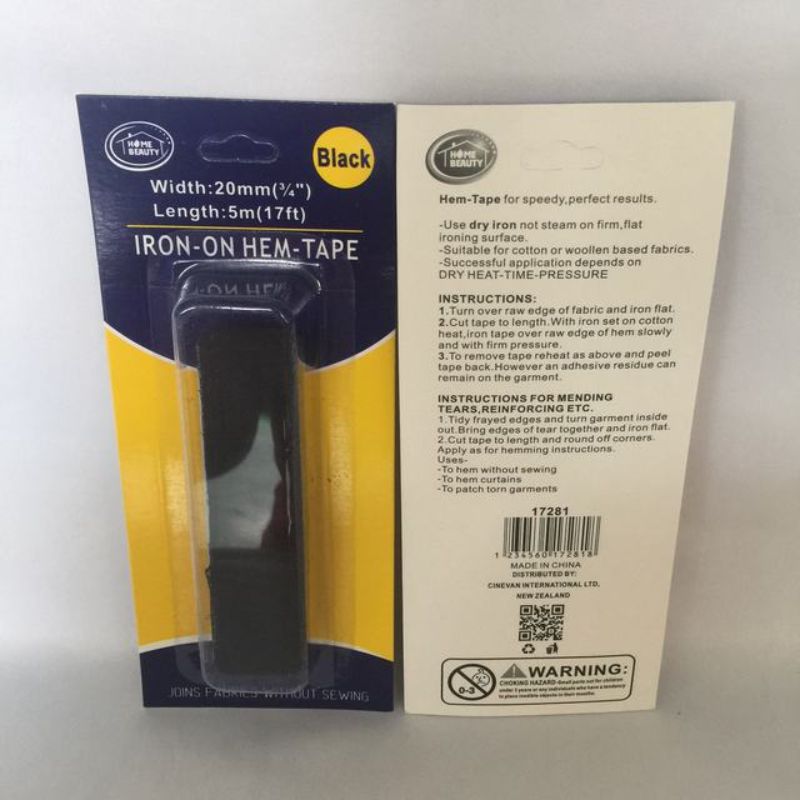 Black iron-on hem tape, 5m long, 20mm wide, ideal for quick hemming on various fabrics; 12 packs included for convenience.