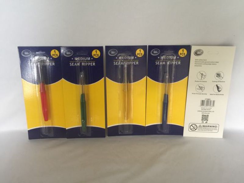 Set of 12 colorful seam rippers with precision blades for effortlessly undoing sewing mistakes. Ideal for all sewing enthusiasts.