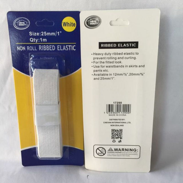 Ribbed elastic in white, 1m x 25mm, durable polyester, perfect for sewing and crafting, packaged in sets of 12.