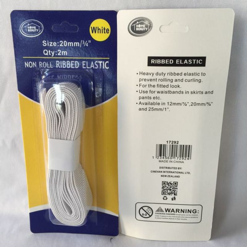 Premium white ribbed elastic measuring 20mm x 2m, ideal for sewing and DIY projects, 12 packs for versatile use.