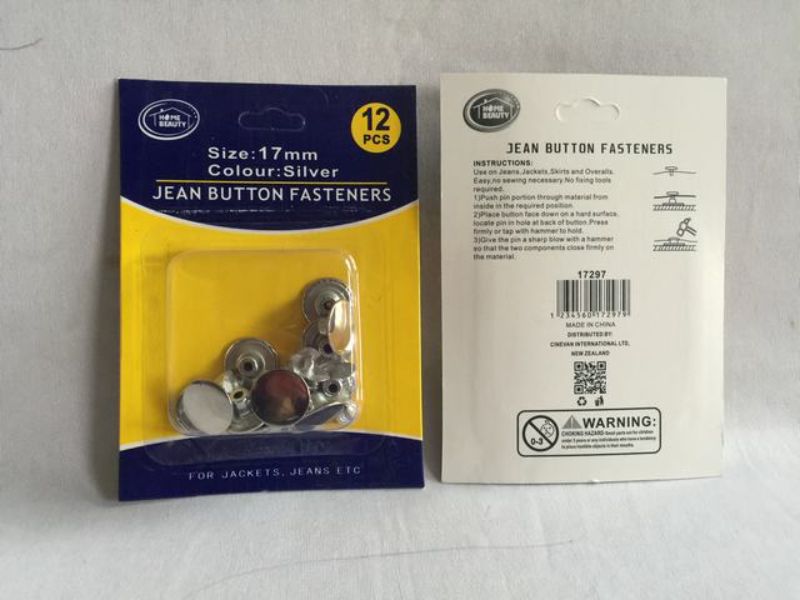 Silver 17mm jean button fasteners (144pcs) for stylish clothing repairs and DIY projects. Durable and easy to install.