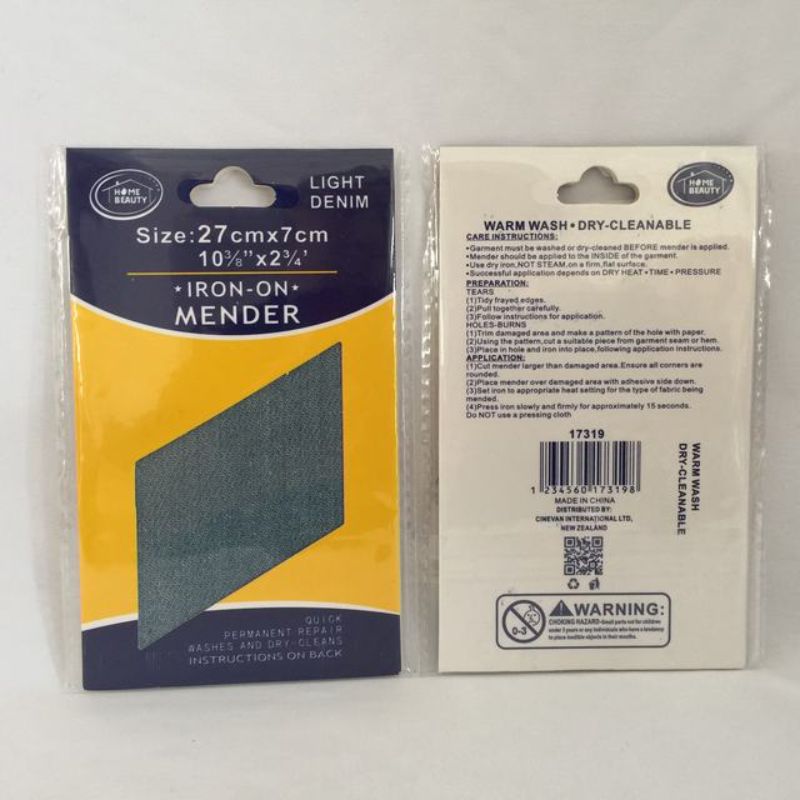 Iron-on denim patches measuring 27 x 7cm, ideal for mending and reinforcing fabric with 12 patches per pack.