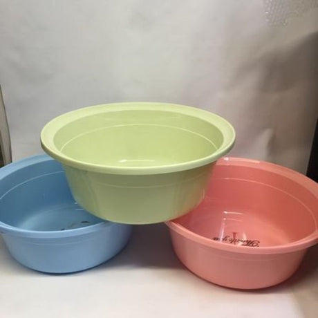Colorful set of 12 plastic basins, 50cm diameter, ideal for washing, gardening, and versatile home use.