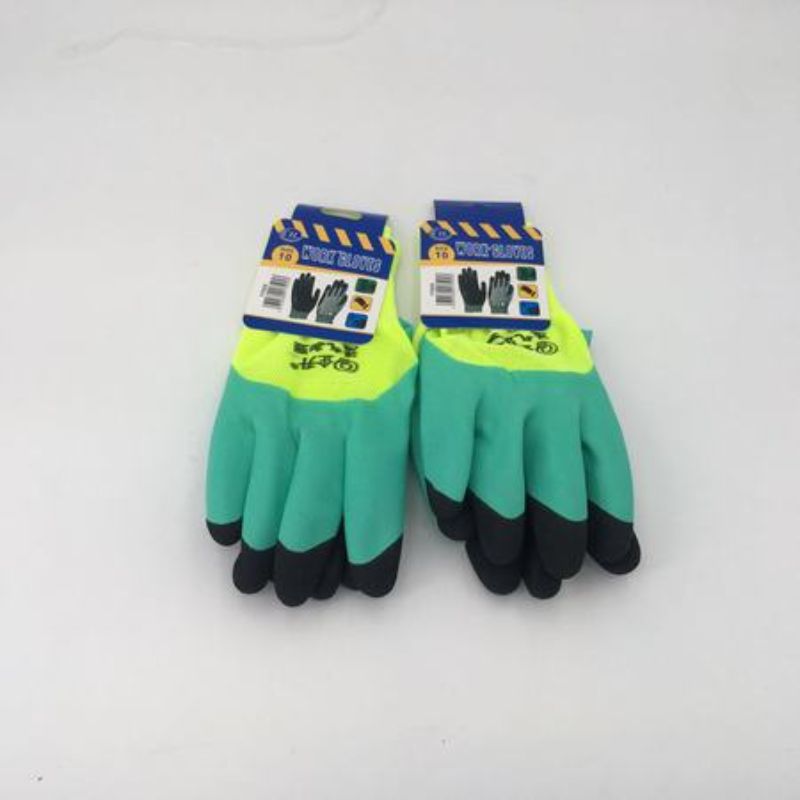 Durable green and yellow gloves (12 pairs) for protection in gardening and construction with excellent grip and comfort.