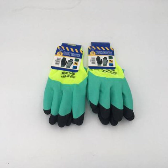 Durable green and yellow gloves (12 pairs) for protection in gardening and construction with excellent grip and comfort.