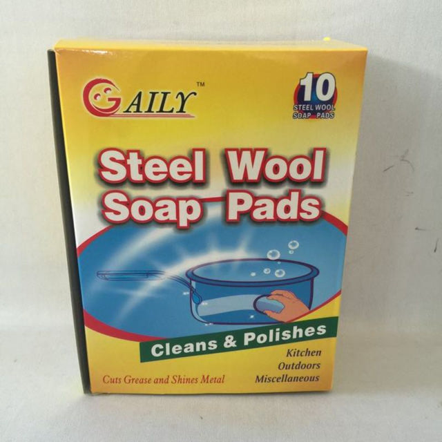 Steel wool soap pads in packs of 12, designed for efficient scrubbing of grease, grime, and rust, perfect for various surfaces.