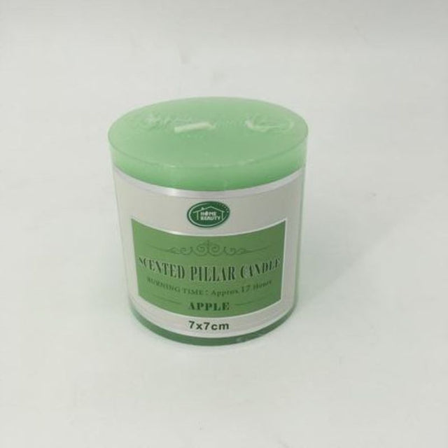 Set of 12 vibrant green apple-scented pillar candles, each 7 x 7 cm, perfect for enhancing home ambiance.