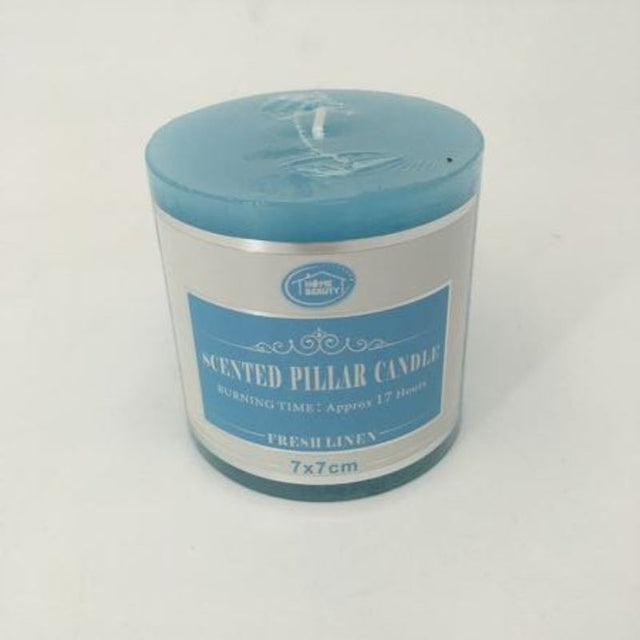 Set of 12 Fresh Linen pillar candles (7 x 7CM) designed for elegant ambiance and long-lasting, clean burning.