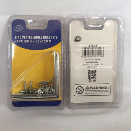 Zinc plated angle brackets, 60 x 15mm, strong support for DIY projects, corrosion-resistant, 12 packs each with 4 pieces.