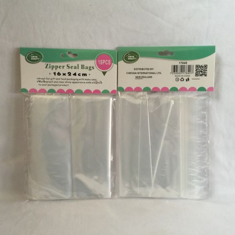 Zipper seal bags measuring 16 x 24cm, pack of 216, ideal for food storage and organizing household items.