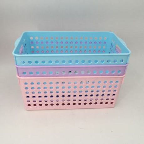 Colorful set of 12 plastic baskets, ideal for organizing toys, crafts, or office supplies, measuring 28 x 16.5 x 11.5 cm each.