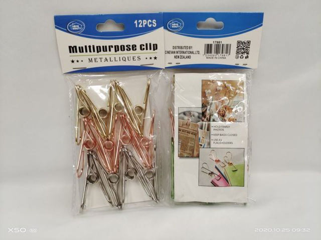 Durable metal multipurpose clips in sleek design, ideal for organizing documents, photos, and crafts, sold in 12 packs.