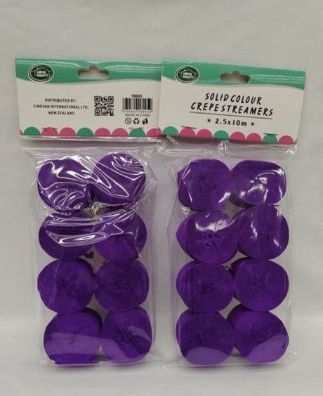 Dark purple crepe streamers, 2.5 x 10m in 12 packs, perfect for vibrant party decorations and DIY event themes.