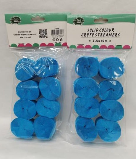 Light blue crepe streamers, 2.5 x 10m, perfect for festive decorations at parties, showers, and weddings. 12 packs included.