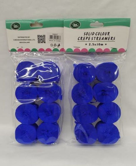 Vibrant blue crepe streamers (2.5 x 10m, 12 packs) for festive decorations at parties, weddings, and celebrations.