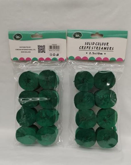 Dark green crepe streamers, 2.5 x 10m, ideal for vibrant party decorations; 12-pack for versatile and elegant decor.