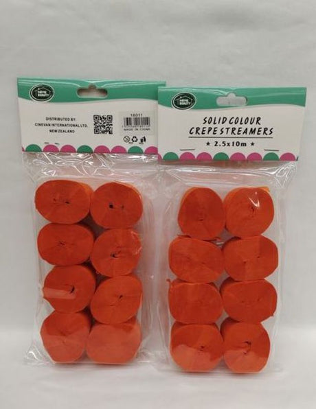 Bright orange crepe streamers, 2.5 x 10m each, ideal for vibrant party decorations; 12 packs for versatile use.