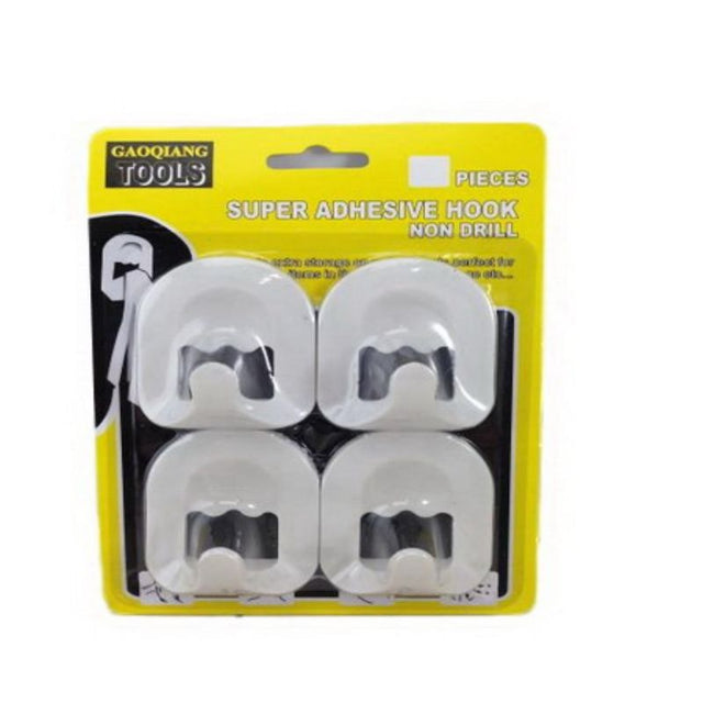 4-pack Super Adhesive Hooks in 12 sets, ideal for organized storage on various surfaces without damaging them.