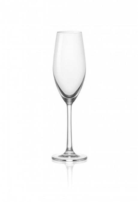 Set of 6 Ocean Sante 210ml champagne flutes with unique angular bowls for enhanced aeration and elegant presentation.