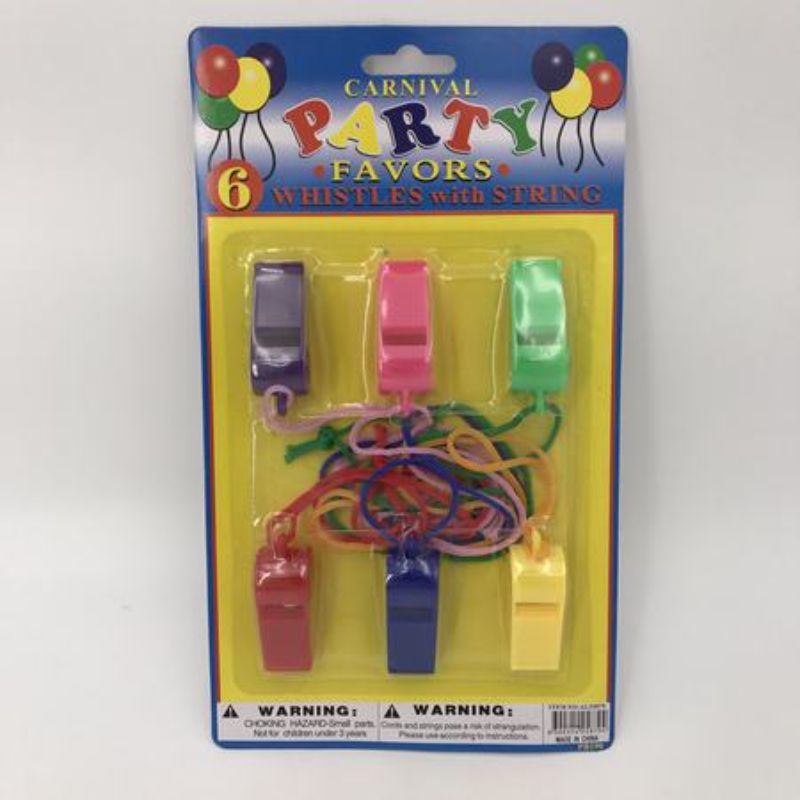 Vibrant 6pc whistle packs in 12 bulk sets, perfect for parties, sports, and classrooms. Durable and fun for all ages.