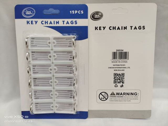Colorful 12-pack key tags for organizing keys and supplies, featuring a writable surface for easy identification.
