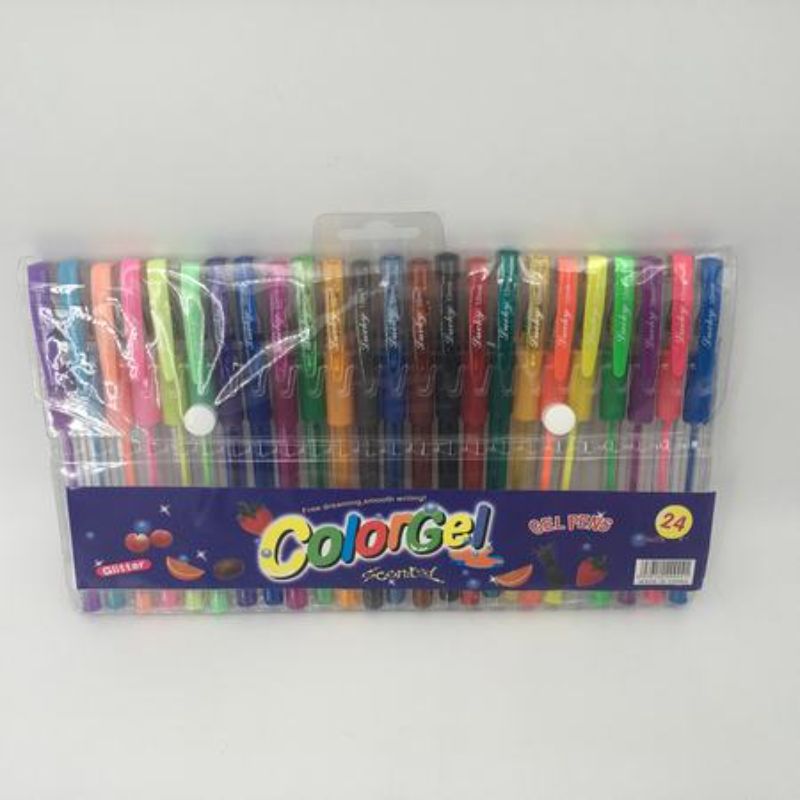 Colorful pack of 24 glitter pens featuring vibrant shades for crafting, journaling, and art projects with a quick-drying formula.