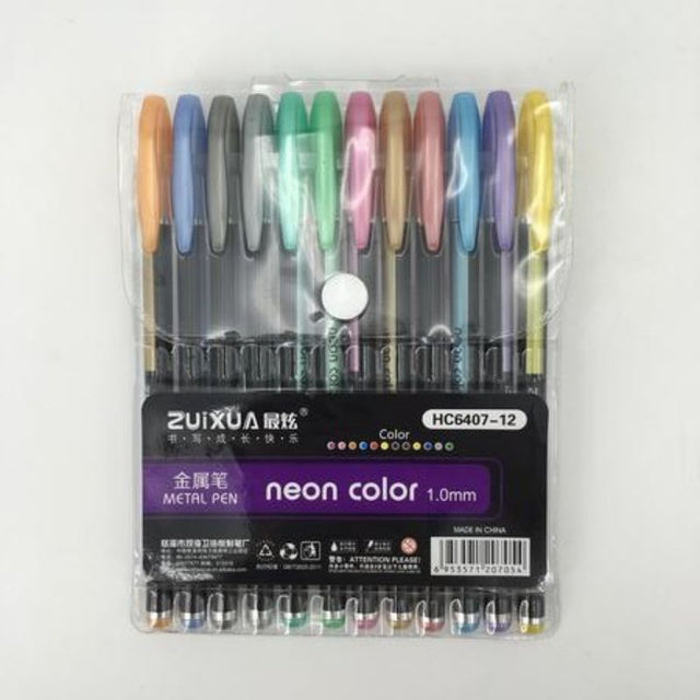 Set of 12 stylish metal pens in a sleek pack, perfect for smooth writing, journaling, and professional use.