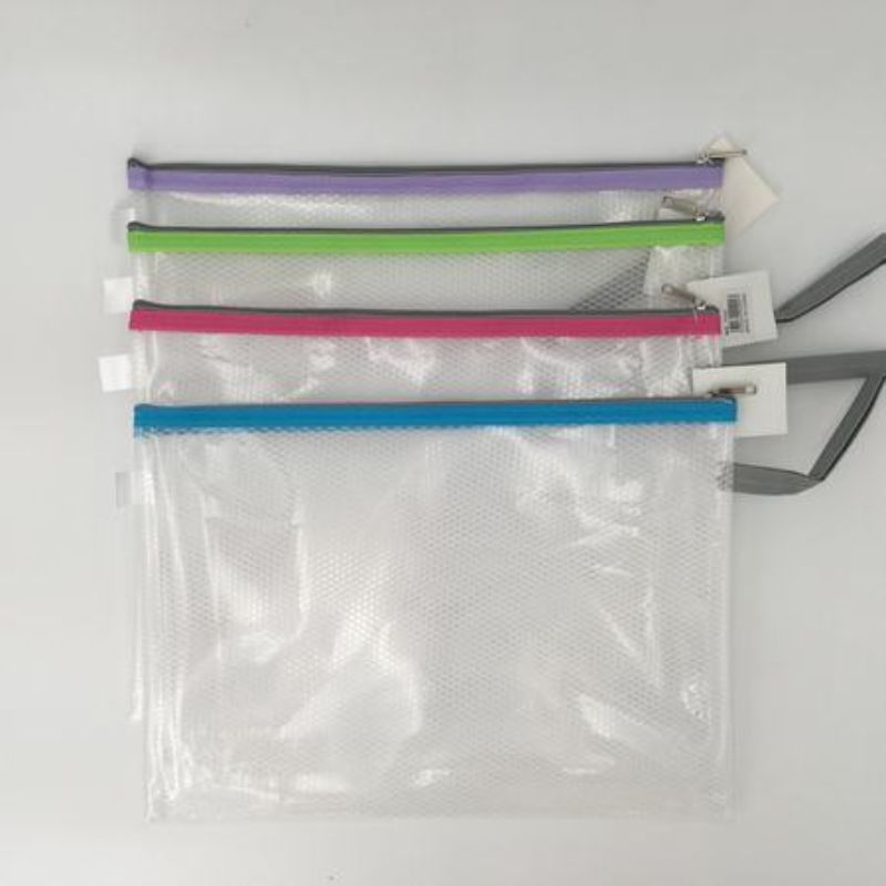 Set of 12 colorful clear file bags for organizing documents, featuring durable materials and zippered closures for easy access.