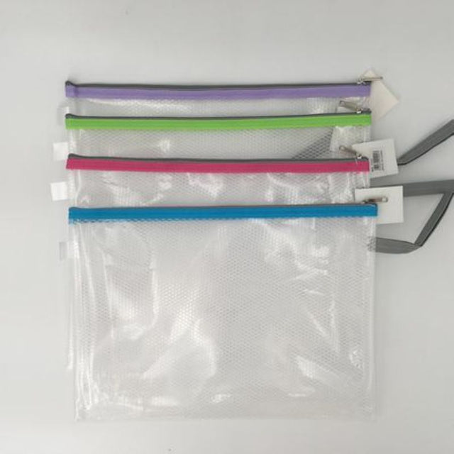 Set of 12 colorful clear file bags for organizing documents, featuring durable materials and zippered closures for easy access.