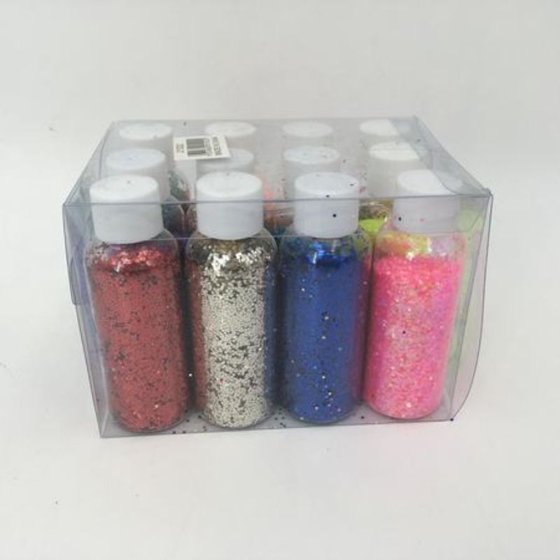 Vibrant 12-piece glitter pack featuring fine and chunky glitters, perfect for crafting and DIY projects.